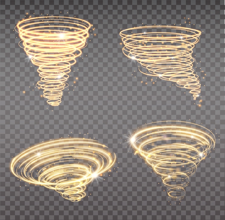 Vektor goldener tornado, wirbelnder sturmkegel des sternenstaubs funkelt auf transparentem hintergrund. goldene spirale mit lichteffekt. satz magischer sternenstaub-tornado, leichter hurrikan.