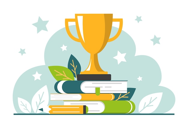 Goldener Trophäenbecher, der auf dem Bücherstapel steht.