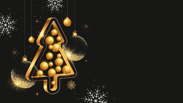 Vektor goldener weihnachtsbaum und bälle auf schwarzem hintergrund weihnachtsdekoration banner