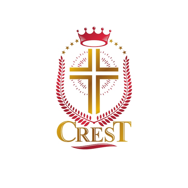 Goldenes emblem des christlichen kreuzes, das mit königlicher krone und lorbeerkranz geschaffen wurde. heraldisches wappen dekoratives logo isolierte vektorillustration. symbol für das thema religion und spiritualität.
