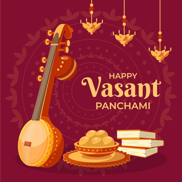 Goldenes Gitarreninstrument und Food Vasant Panchami