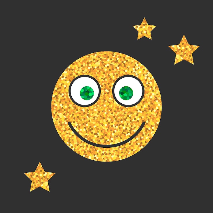 Vektor goldenes glitzer-emoji-symbol mit lächeln auf schwarzem hintergrund