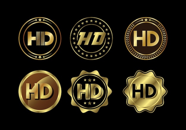 Goldenes HD-Videoauflösungssymbol Logo High-Definition-TV-Spielbildschirm-Monitoranzeige Etikett