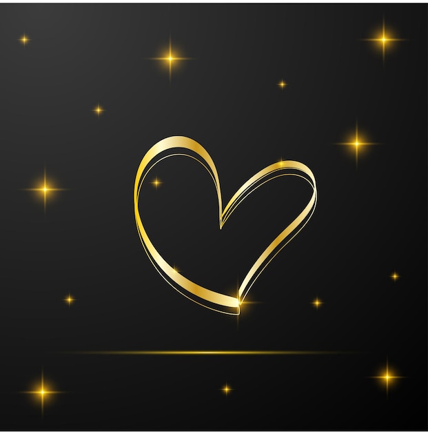 Vektor goldenes herz mit funkeln auf schwarzem hintergrund happy valentinstag vektor-grußkarte
