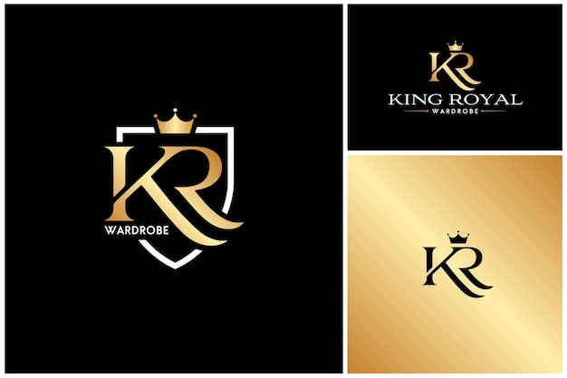 Goldenes monogramm buchstabe kr luxury queen king crown shield für königliche premium-schmuck schmuck-logo