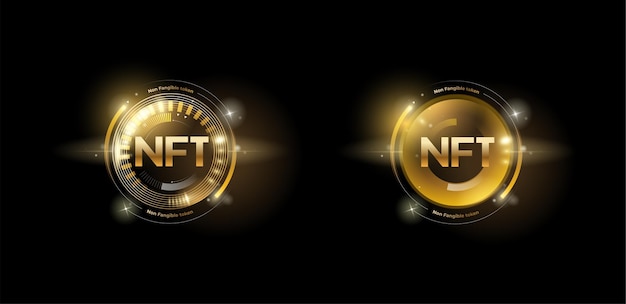 Goldenes nft-token-set mit glitzereffekt. nicht fungible token.