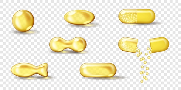 Goldenes Ölkapsel-Set. Realistische glänzende Medizinpillen mit goldgelbem Fischöl oder Omega-3-Vitaminergänzung einzeln auf transparentem Hintergrund. 3D-Vektor-Illustration