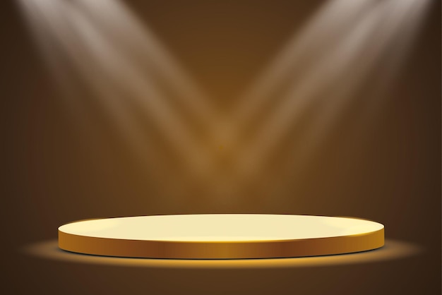 Goldenes podium mit einem scheinwerfer auf dunklem hintergrund der erste platz ruhm und popularität vektorillustration