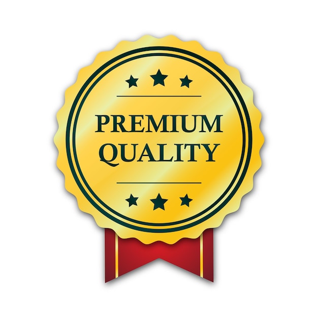 Goldenes premium-qualitätsabzeichen mit rotem band, luxuriöses siegelemblem in goldener verlaufsfarbe