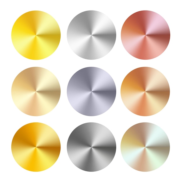 Goldenes, silbernes und bronzefarbenes radiales Farbverlaufsset Sammlung von realistisch glänzender Metallfolie
