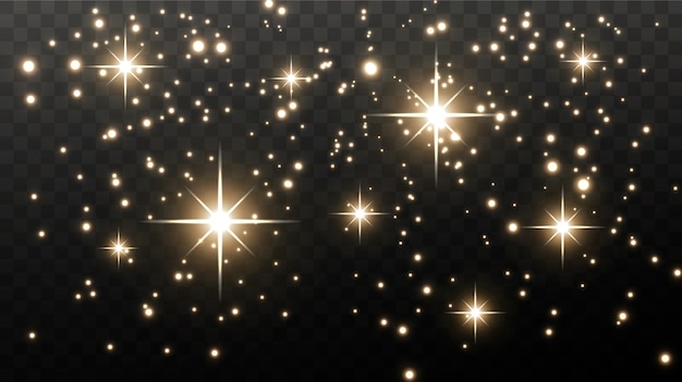 Goldfunken und goldene sterne funkeln mit einem echten lichteffekt. die explosion der goldenen konfetti.