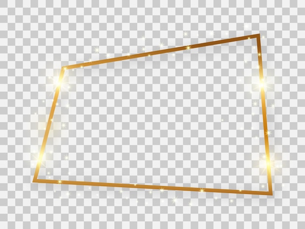 Vektor goldglänzender rechteckiger rahmen mit leuchtenden effekten und schatten auf transparentem hintergrund. vektor-illustration