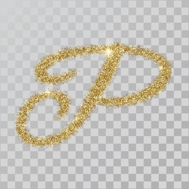 Goldglitzerpulverbuchstabe p im handgemalten stil. vektorillustration auf transparentem hintergrund