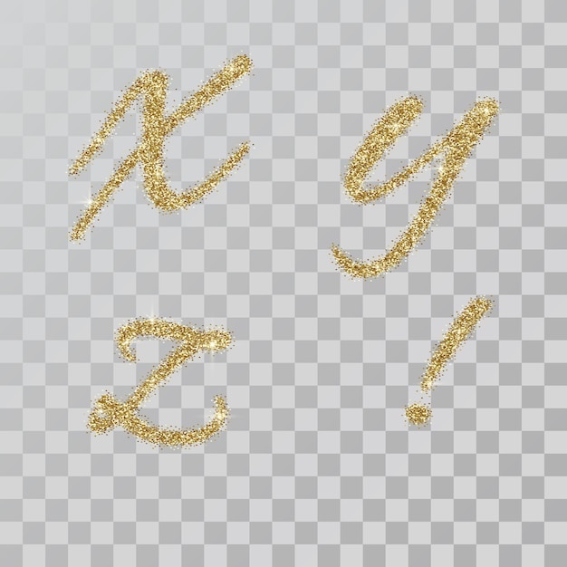 Goldglitzerpulverbuchstaben x, y, z im handgemalten stil. vektorillustration auf transparentem hintergrund