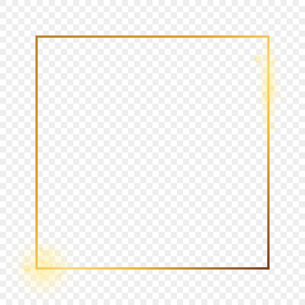 Goldglühender quadratischer rahmen lokalisiert auf transparentem hintergrund. glänzender rahmen mit leuchtenden effekten. vektor-illustration.