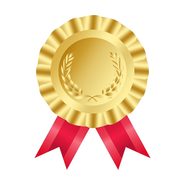 Goldmedaille mit roten glänzenden Bändern und Lorbeerkranz
