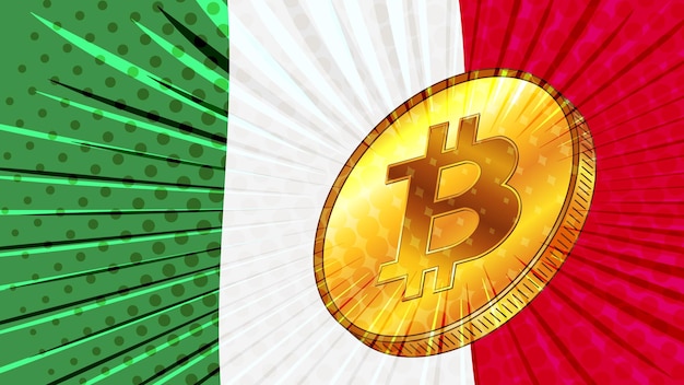 Goldmünze von Bitcoin BTC und farbige Flagge Italiens im Hintergrund Die italienische Zentralbank verabschiedet Gesetze zum Bergbau und zu digitalen Vermögenswerten