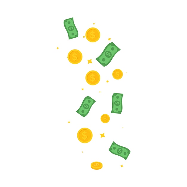 Goldmünzen und grüne Dollarscheine fallen