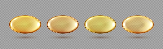 Goldölblasen isoliert auf transparentem Hintergrund Kosmetische Vitaminkapsel oder Omega-3-Ölkapsel Vektorrealistisches Serum aus Kollagenessenz