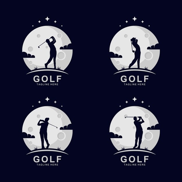 Golf-silhouette-logo auf dem mond mit sternen