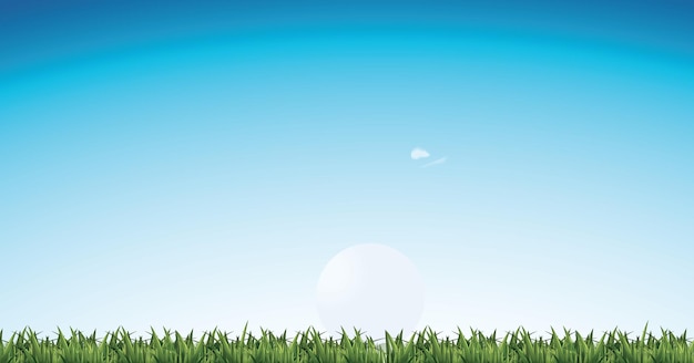 Golfball auf grünem Gras mit blauem Himmel