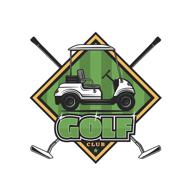 Golfclub-ikonenwagen auf grünem feld und gekreuzten clubs. vektoremblem mit stöcken und auto. sportausrüstung und transport für golfmeisterschaft, turnier, professionelles spiel, training oder wettkampf