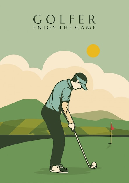 Vektor golfer poster design illustration mann im feld vintage retro