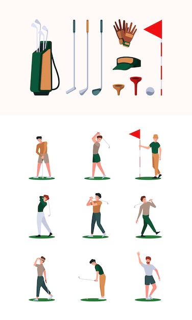 Golffiguren sport gesunde aktivitäten weißer ball rote fahne schlagstock aktives spiel grelles vektorzubehör für golfer
