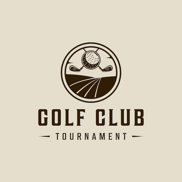 Vektor golfplatz-logo vektor vintage-illustrationsvorlage icon grafikdesign stick und ball sportzeichen oder symbol für turnier- oder clubkonzept