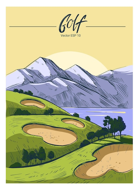 Golfplatz. skizzenvektorillustration. golfclub, golfturnier