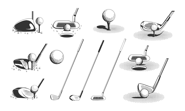 Vektor golfschläger und ein ball retro-monochrom-vektorillustration