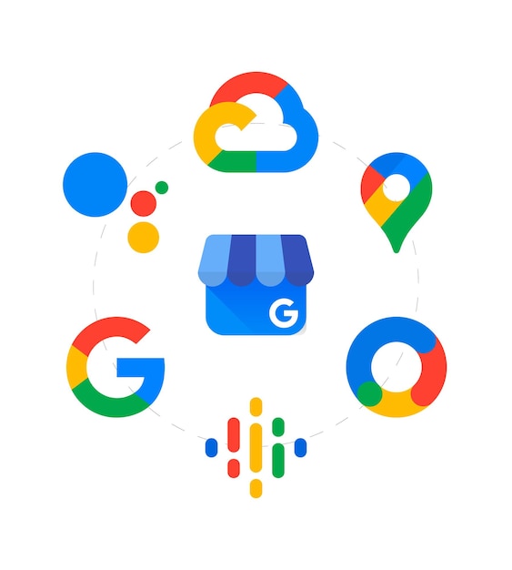 Vektor google business-icon-set. google cloud, maps, mein geschäft, podcast, assistent, marketingplattform.