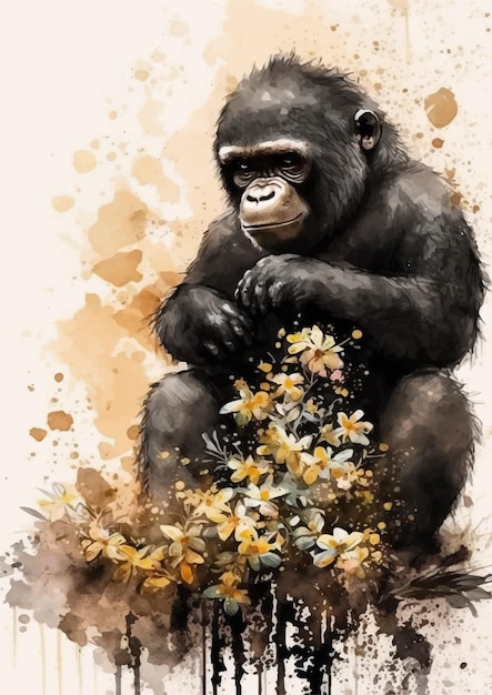 Vektor gorilla-aquarellmalerei in kräftigen rot- und goldtönen