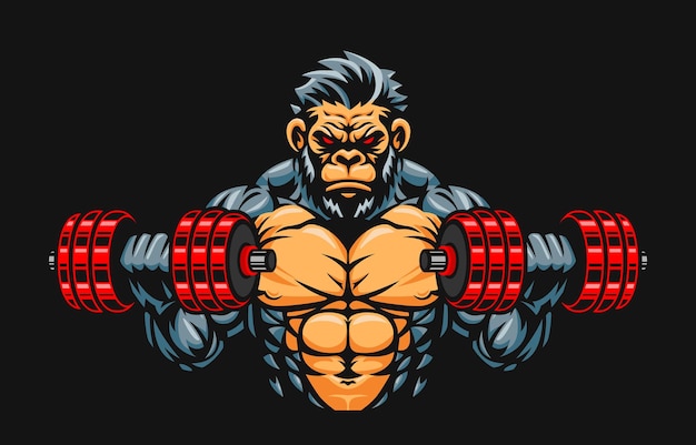 Gorilla-Fitness- oder Fitnessstudio-Logo-Vorlage, Gorilla-Hebehanteln, Illustration, Gorilla-Maskottchen-Charakter