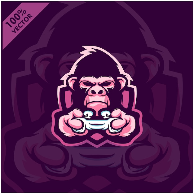 Gorilla gamer hält spielekonsole joystick. maskottchen-logo-design für das esport-team.