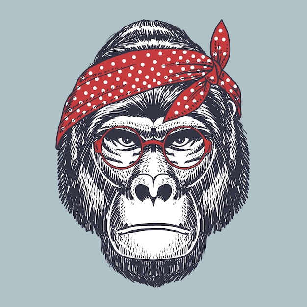 Gorilla handgezeichnet mit roter brille und bandana-tupfen