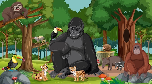 Gorilla mit anderen wildtieren in der wald- oder regenwaldszene