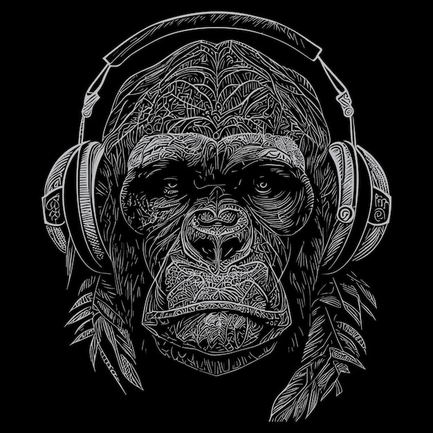 Gorilla mit Kopfhörern verliert sich in einer Welt der Musik und nickt im Takt mit dem Kopf