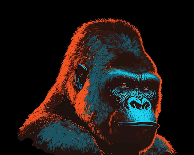 Vektor gorilla schwarzer hintergrund nahaufnahme rote beleuchtung macht dschungel zoo führer schreit knurren könig gefährliche reißzähne jäger affe muskulös wild künstlerisches konzept vektor illustration