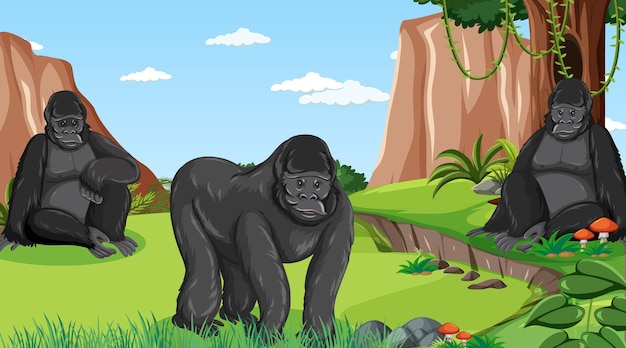 Vektor gorillagruppe in der wald- oder regenwaldszene mit vielen bäumen