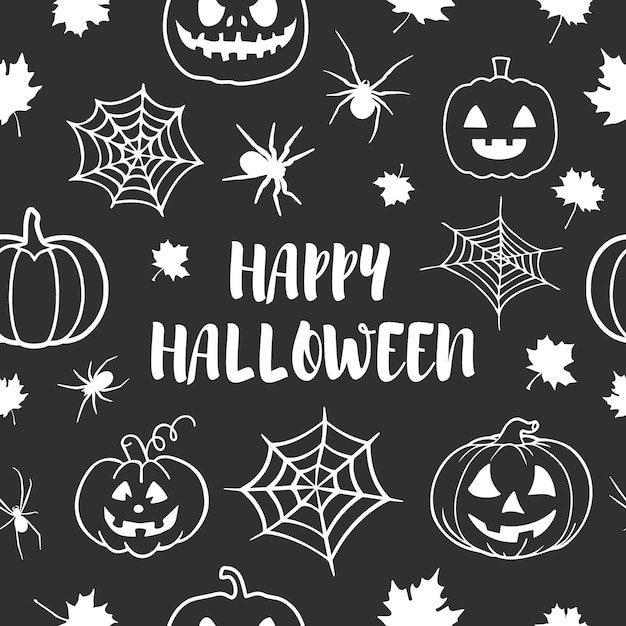 Gotische Karte oder nahtloses Muster mit Spinnen, Spinnweben, Ahornblättern, Kürbissen, Text Happy Halloween