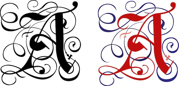 Vektor gotischer buchstabe a mit scroll-design. der rote großbuchstabe a mit kalligrafie im gotischen stil