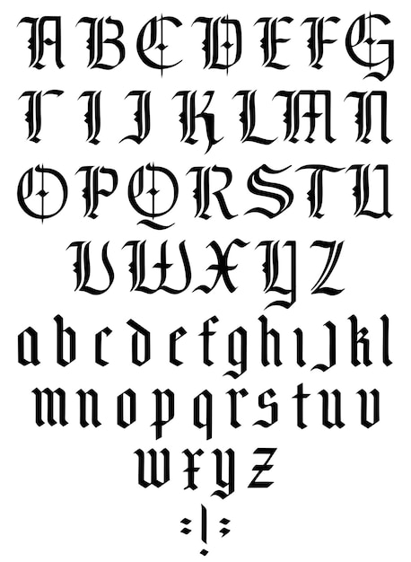 Gotisches alphabet mittelalterliche gotische schriftart mit großbuchstaben und kleinbuchstaben vintage-schrifttypografie