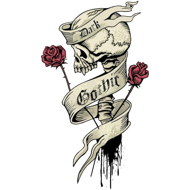 Gotisches schild mit vintage-designt-shirts des schädel- und rosenschmutzes