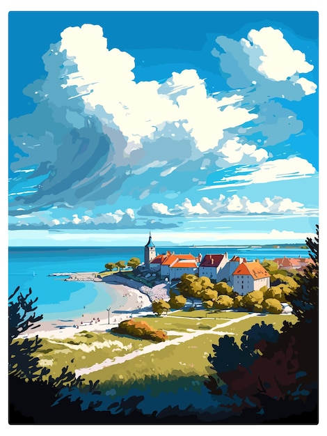 Vektor gotland schweden vintage reiseplakat souvenir postkarte porträt malerei wpa illustration