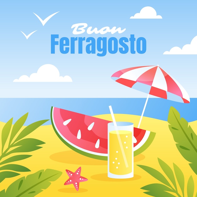 Gradient ferragosto illustration mit wassermelonenscheibe und getränk am strand