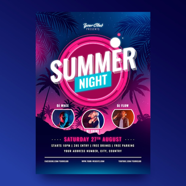 Vektor gradient sommernacht party poster vorlage mit neon-design