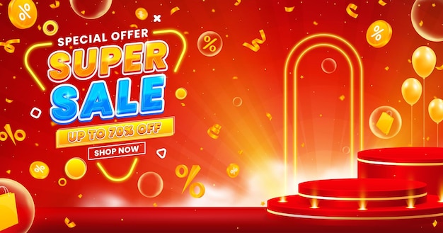 Gradient Super Sale Banner Design Vorlage mit Podium isoliert auf abstraktem Hintergrund