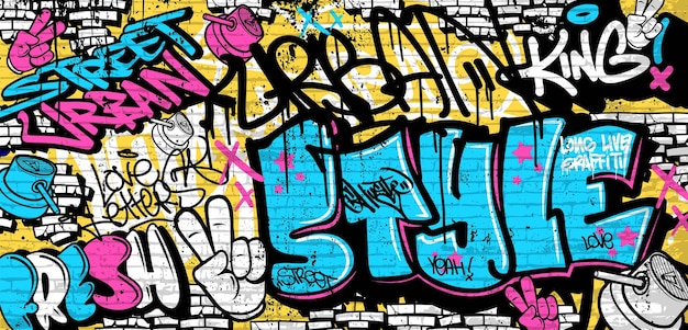 Graffiti-Hintergrund mit Wurfgekritzel und Markierungen in leuchtenden Farben in Vektorillustration