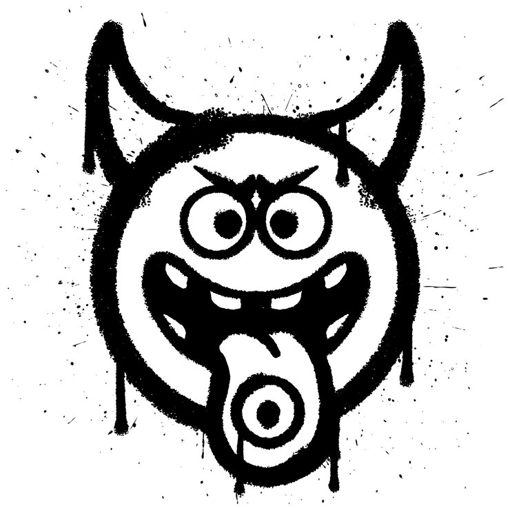 Vektor graffiti-sprühfarbe neckte gesicht, teufel-emoticon, isolierter vektor